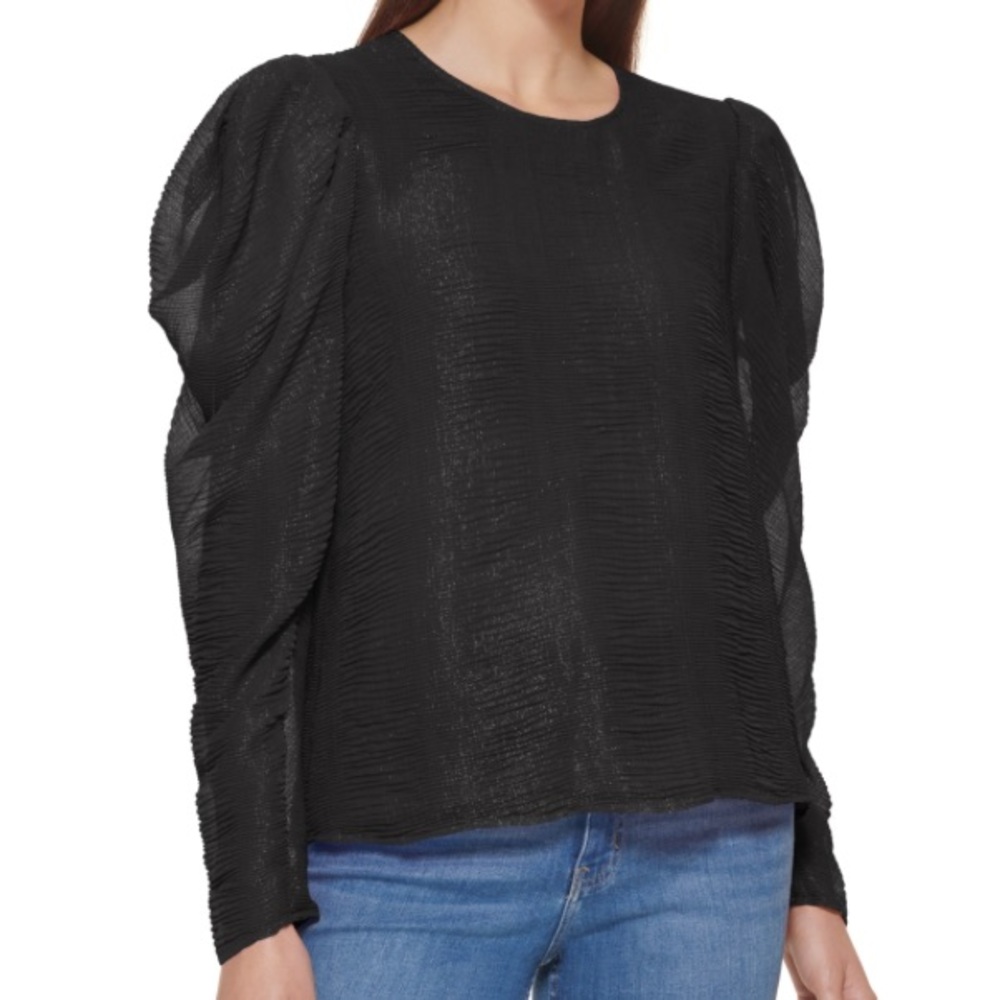 Calvin Klein Long Sleeve Puff Shoulder Chiffon Blouse, Black, Size: Medium